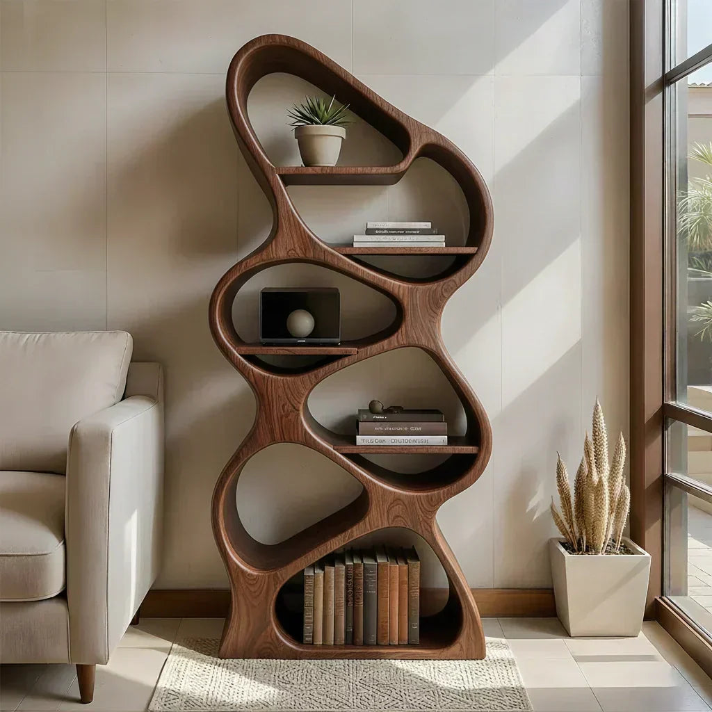 Sculpted Solid Wood Bookshelf – Vertical Organic Form - Woodenecho