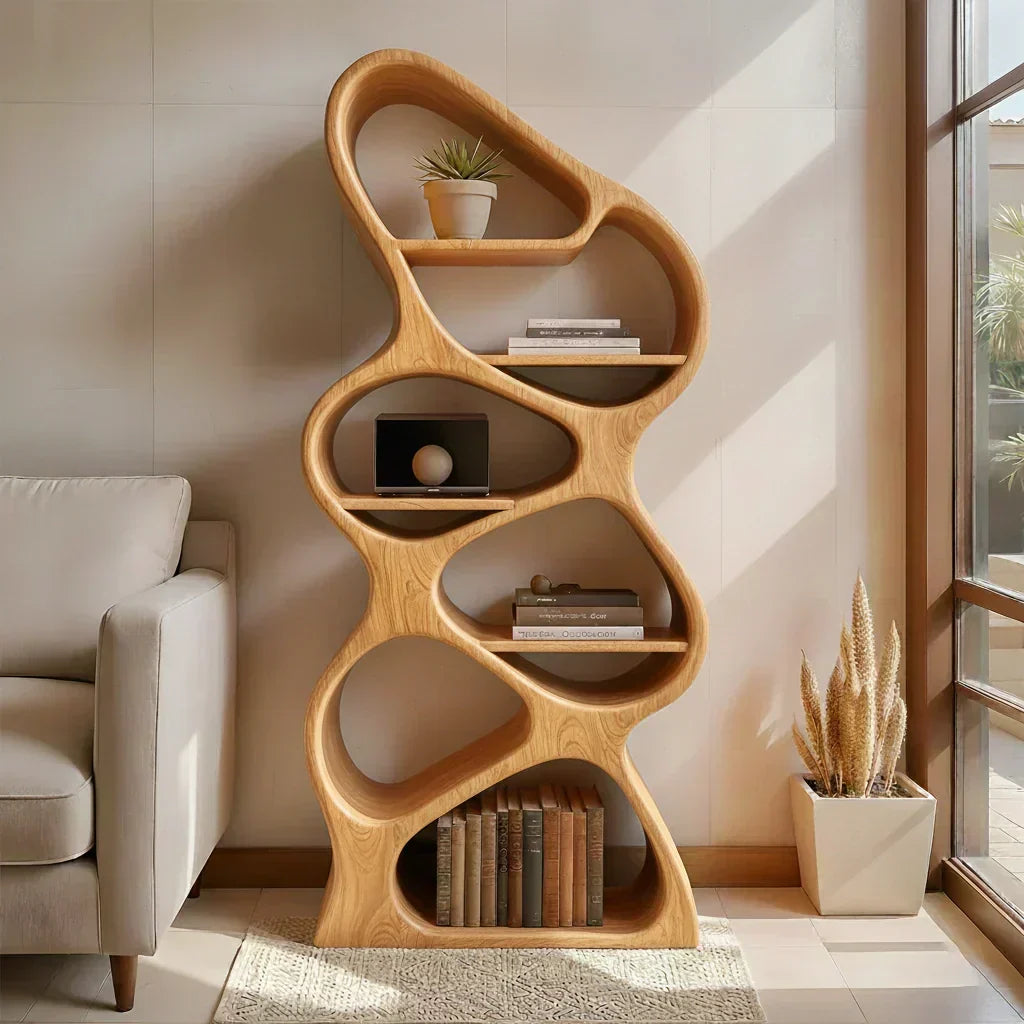 Sculpted Solid Wood Bookshelf – Vertical Organic Form - Woodenecho