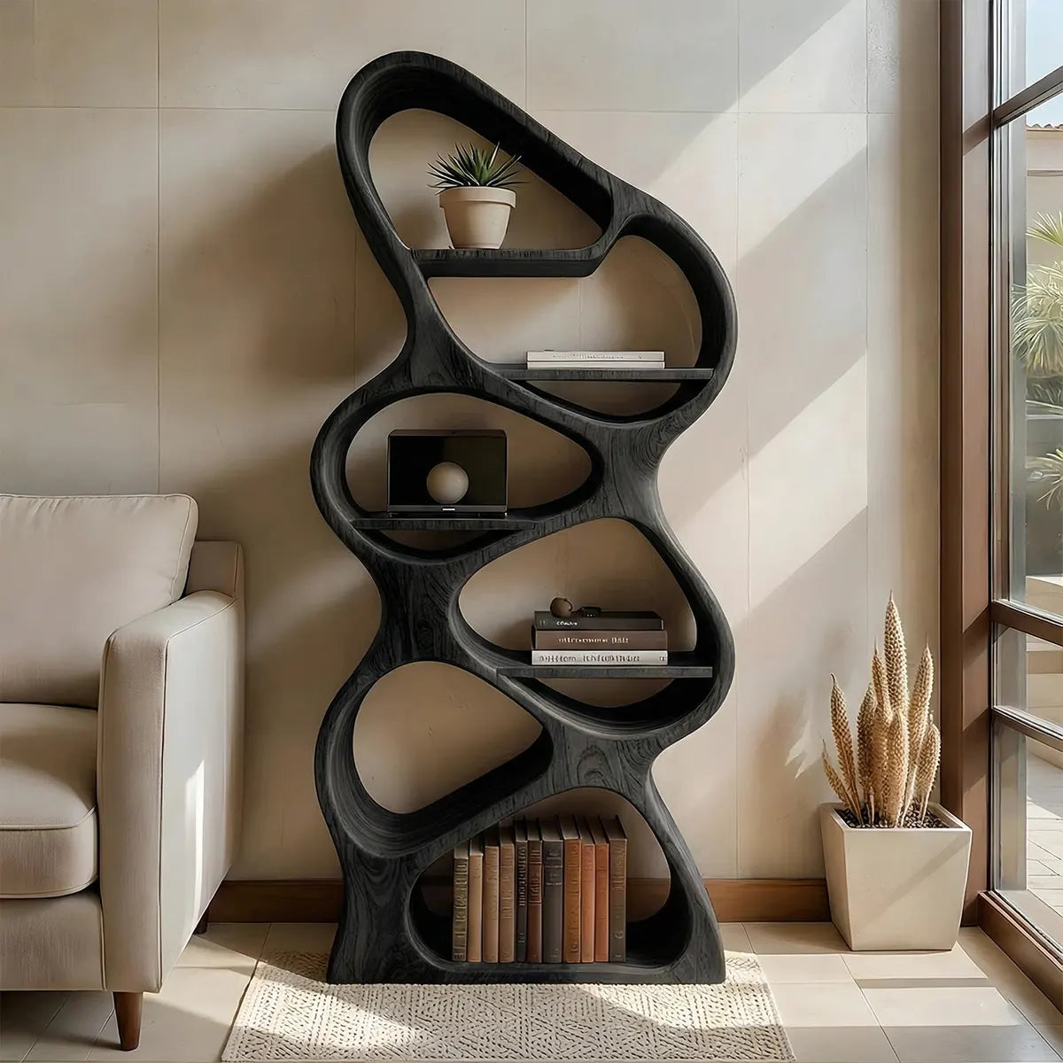 Sculpted Solid Wood Bookshelf – Vertical Organic Form - Woodenecho
