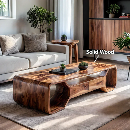 Sculpted Solid Wood Coffee Table With Storage – Modern Curved Form - Rustirawood