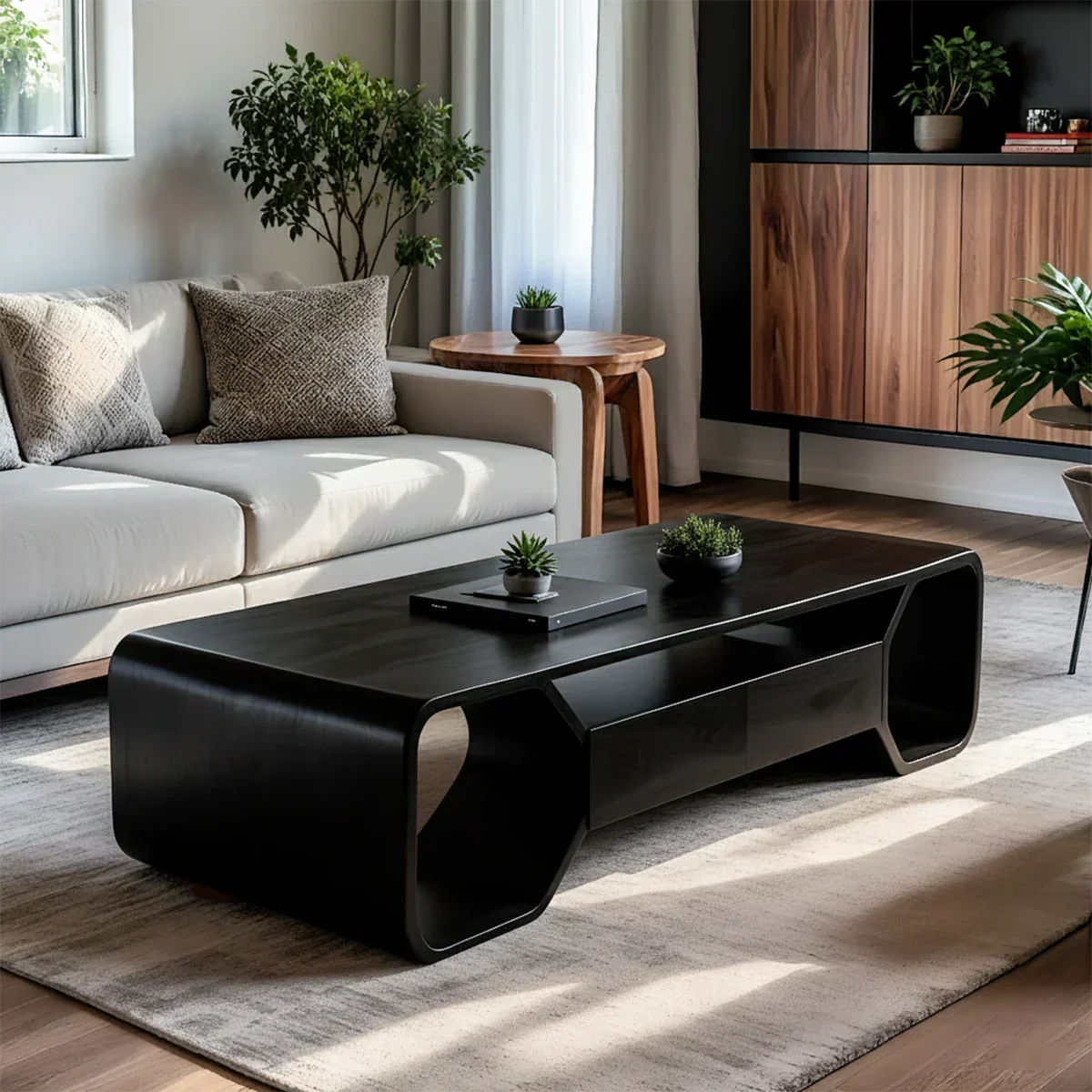 Sculpted Solid Wood Coffee Table With Storage – Modern Curved Form - Rustirawood
