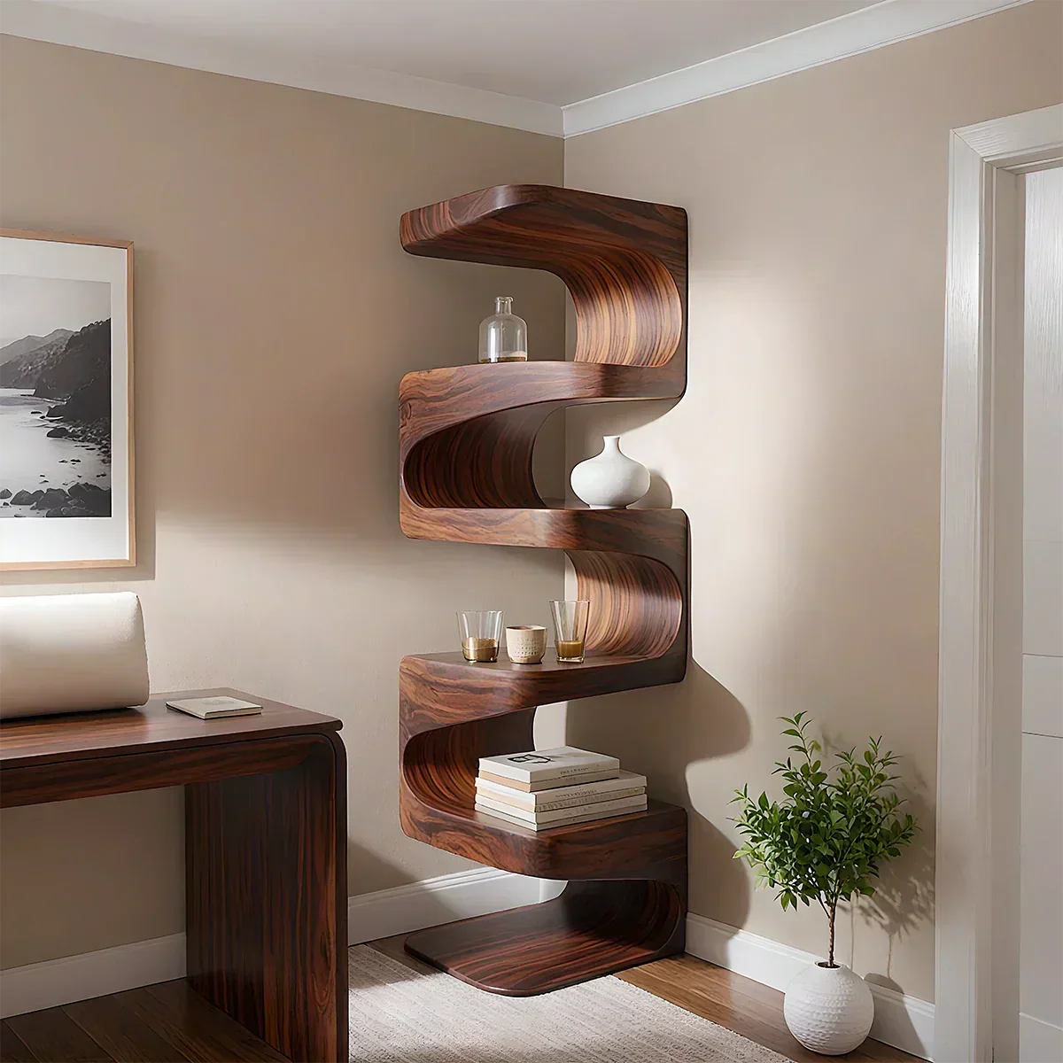 Sculpted Solid Wood Corner Bookshelf – Flow Form Edition - Woodenecho
