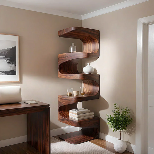 Sculpted Solid Wood Corner Bookshelf – Flow Form Edition - Woodenecho
