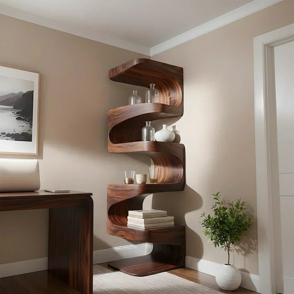 Sculpted Solid Wood Corner Bookshelf – Flow Form Edition - Woodenecho