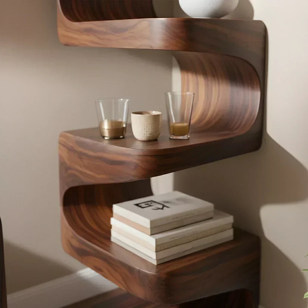 Sculpted Solid Wood Corner Bookshelf – Flow Form Edition - Woodenecho