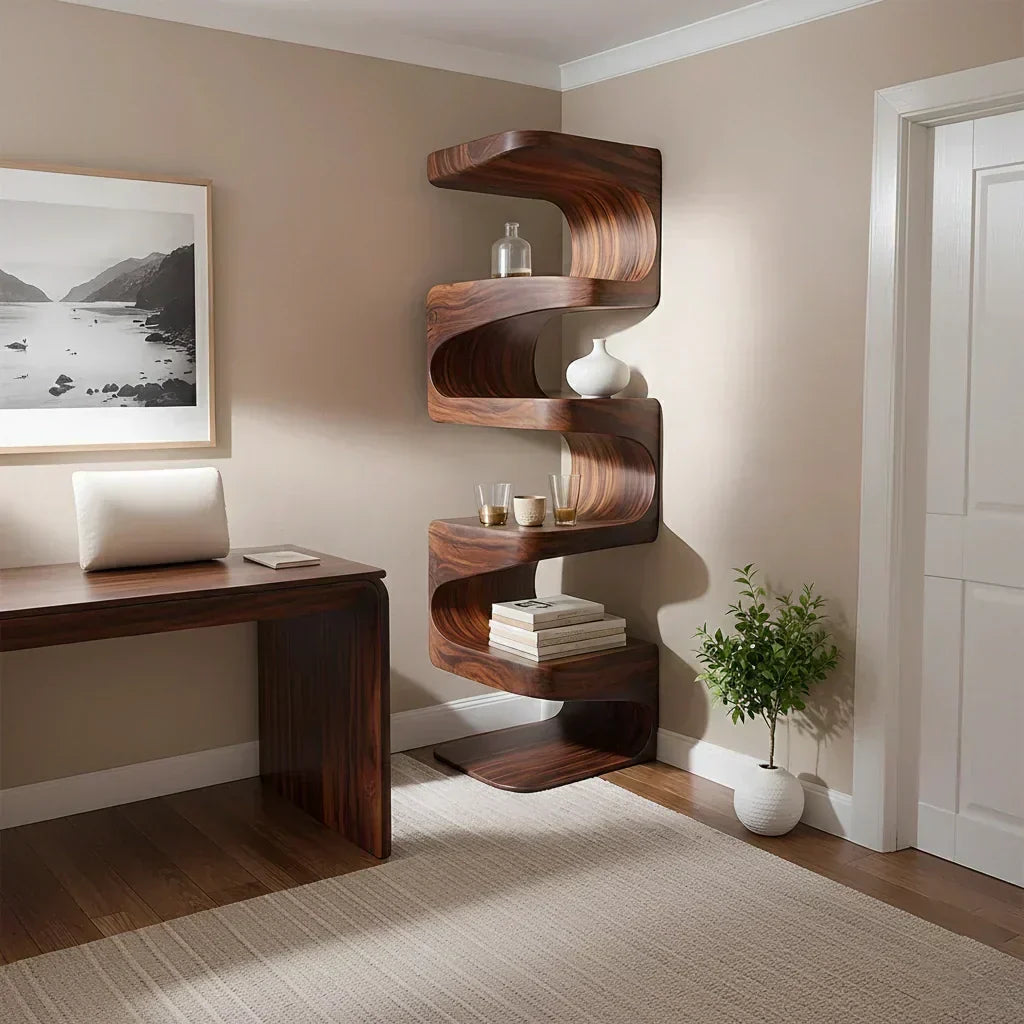 Sculpted Solid Wood Corner Bookshelf – Flow Form Edition - Woodenecho