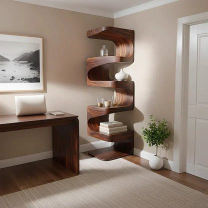 Sculpted Solid Wood Corner Bookshelf – Flow Form Edition - Woodenecho