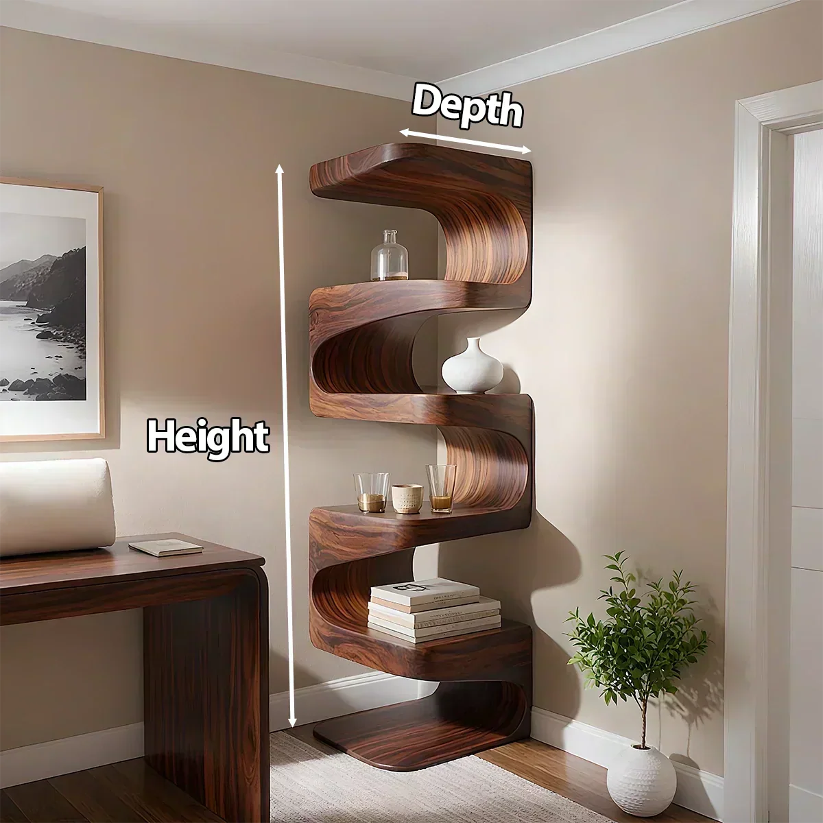 Sculpted Solid Wood Corner Bookshelf – Flow Form Edition - Woodenecho
