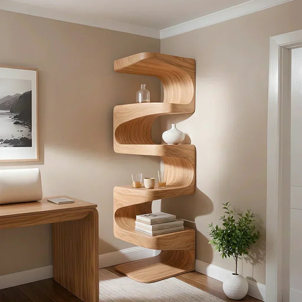 Sculpted Solid Wood Corner Bookshelf – Flow Form Edition - Woodenecho