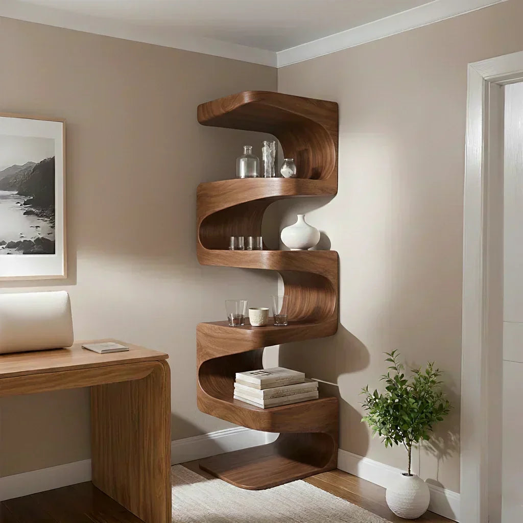 Sculpted Solid Wood Corner Bookshelf – Flow Form Edition - Woodenecho