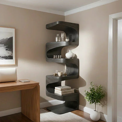 Sculpted Solid Wood Corner Bookshelf – Flow Form Edition - Woodenecho