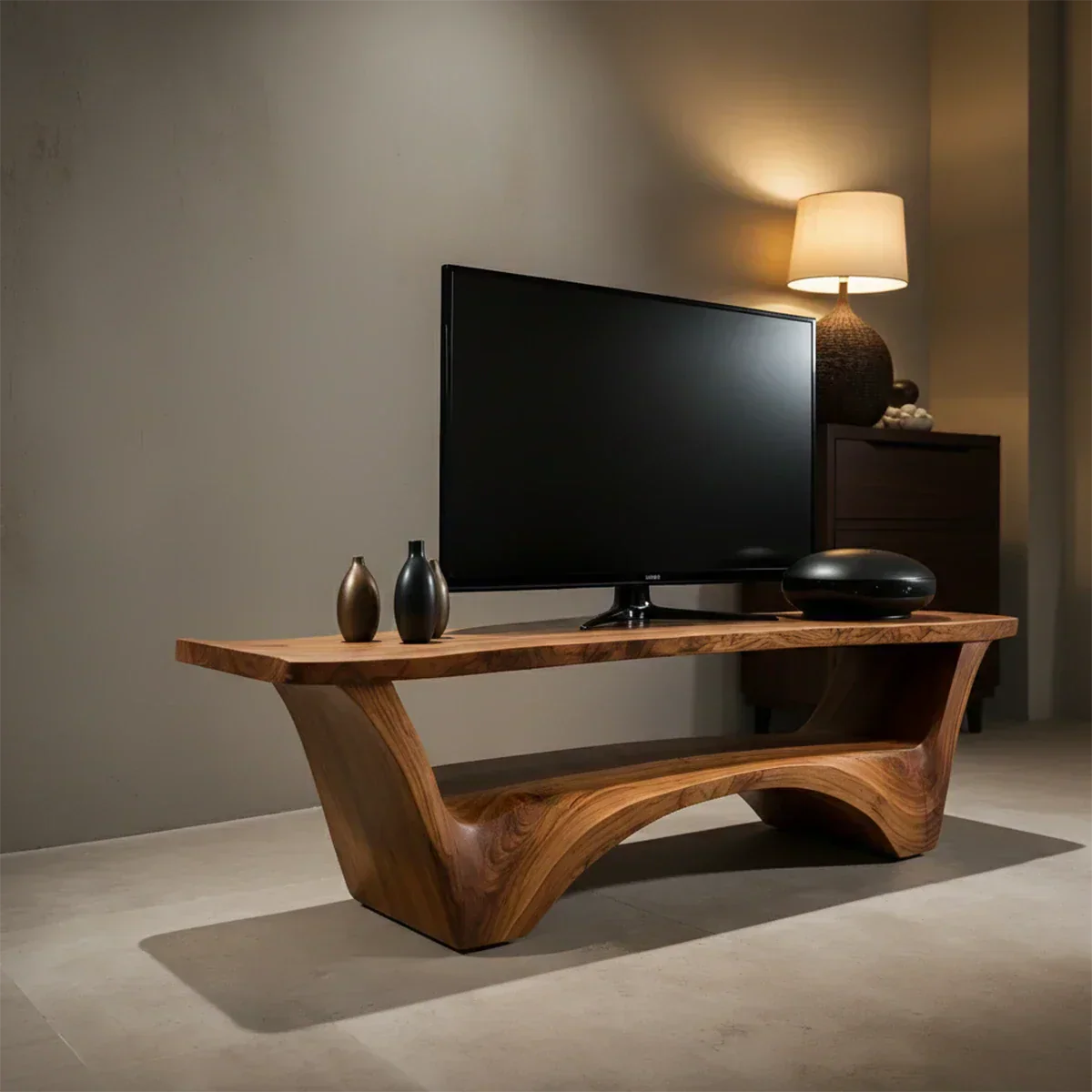 Sculpted Solid Wood TV Stand – Modern Curved Minimalist Design - Elitegemse