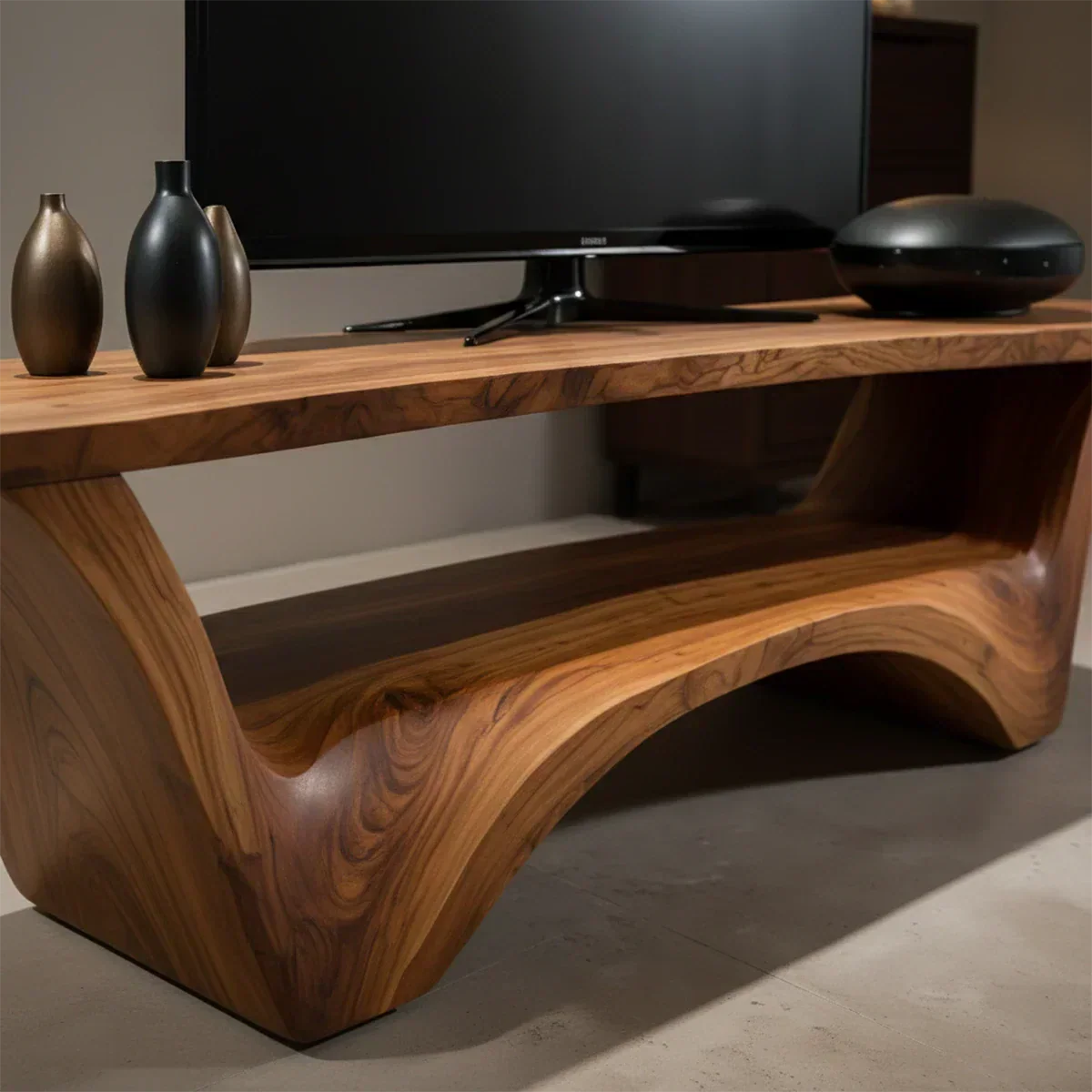 Sculpted Solid Wood TV Stand – Modern Curved Minimalist Design - Elitegemse