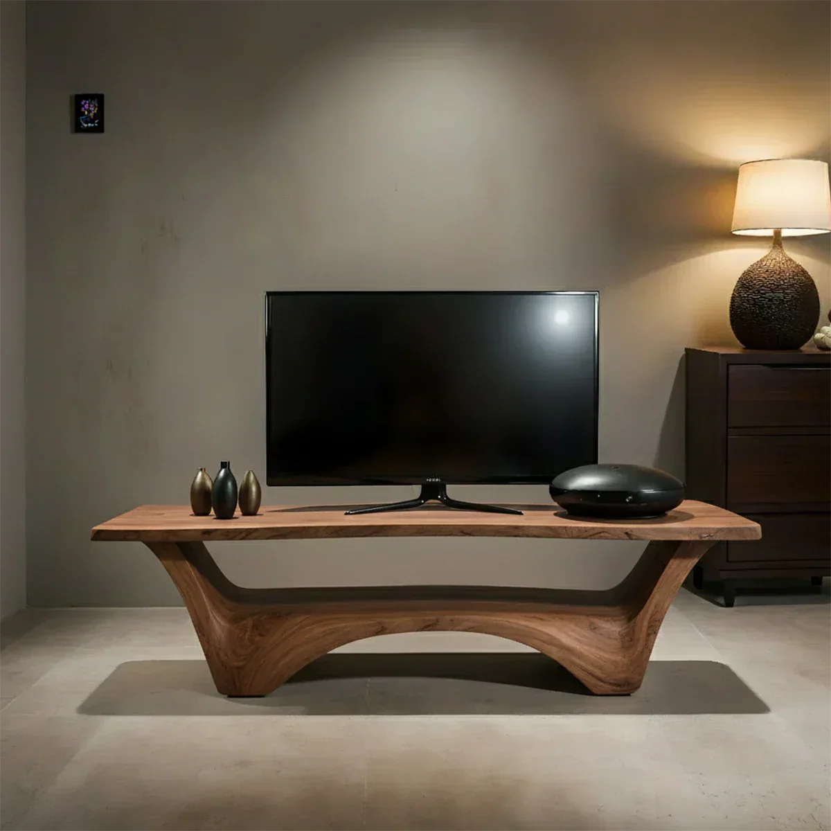 Sculpted Solid Wood TV Stand – Modern Curved Minimalist Design - Elitegemse