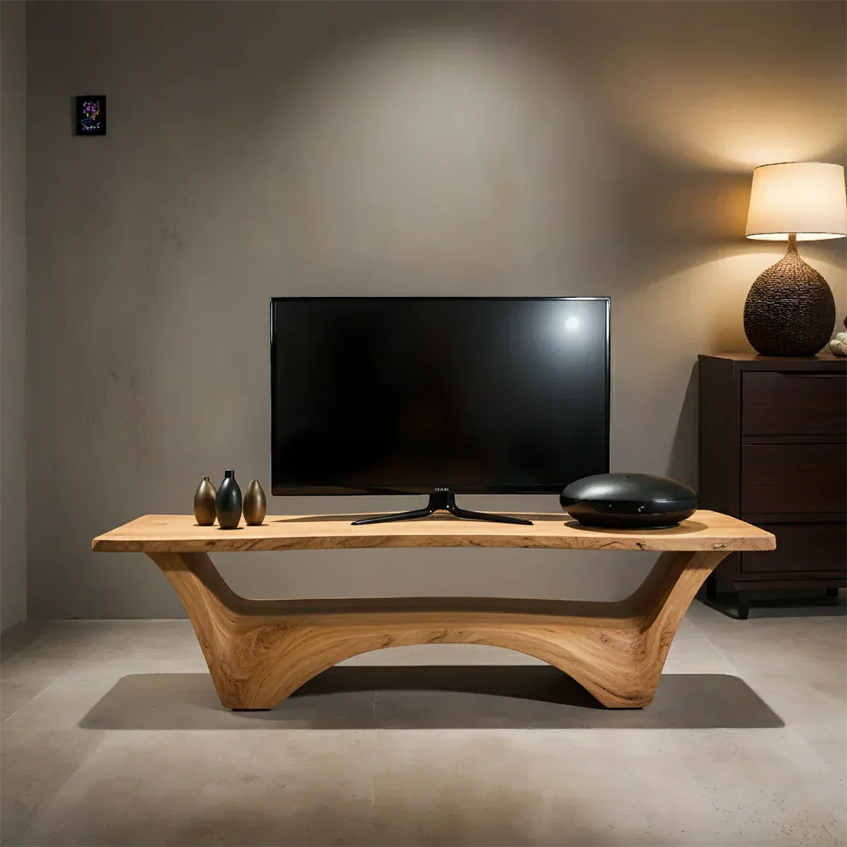 Sculpted Solid Wood TV Stand – Modern Curved Minimalist Design - Elitegemse