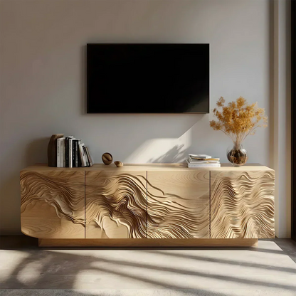Sculpted Solid Wood TV Stand – Organic Wave Texture Media Console - Elitegemse