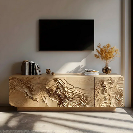 Sculpted Solid Wood TV Stand – Organic Wave Texture Media Console - Elitegemse