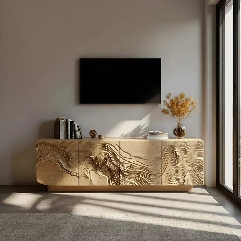 Sculpted Solid Wood TV Stand – Organic Wave Texture Media Console - Elitegemse