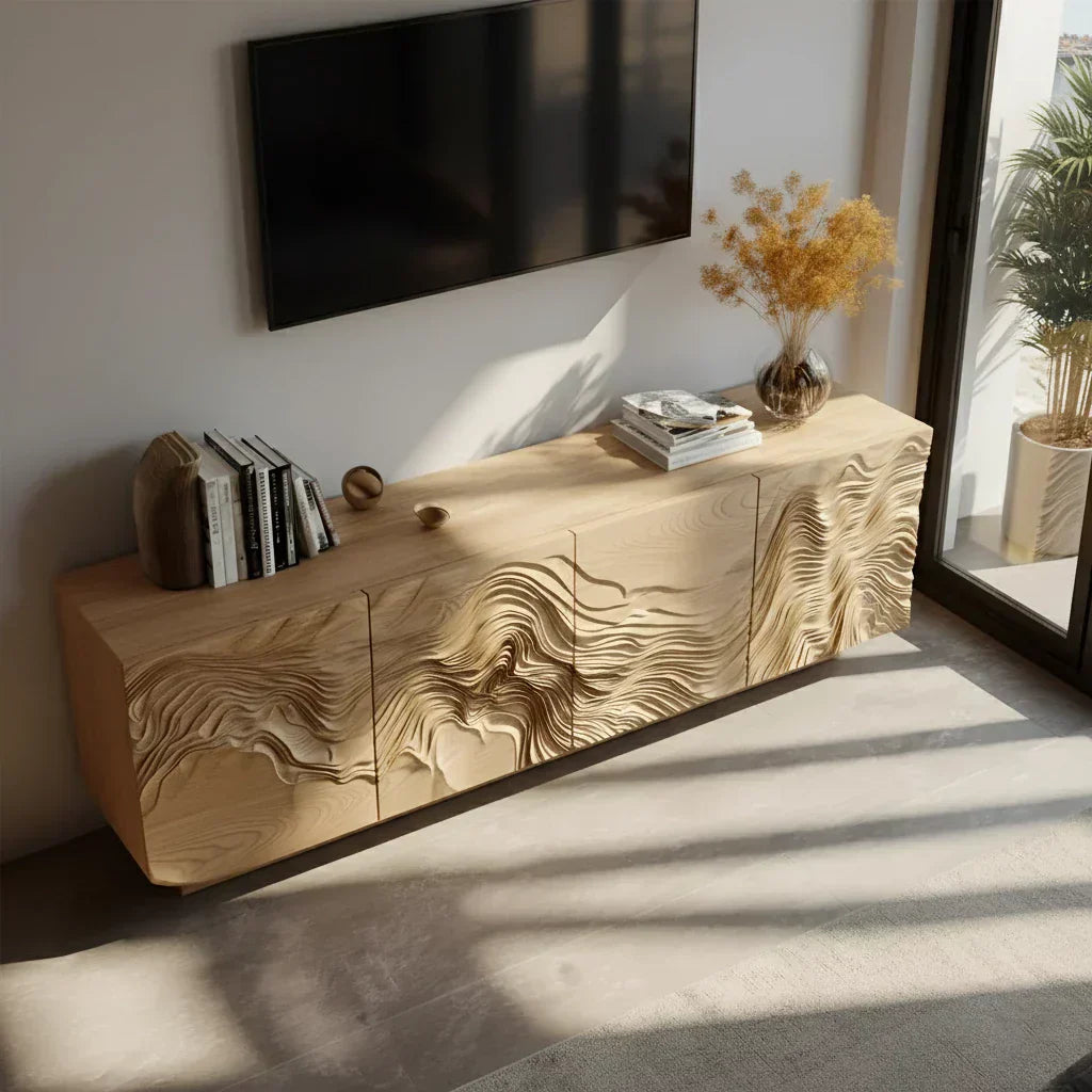 Sculpted Solid Wood TV Stand – Organic Wave Texture Media Console - Elitegemse