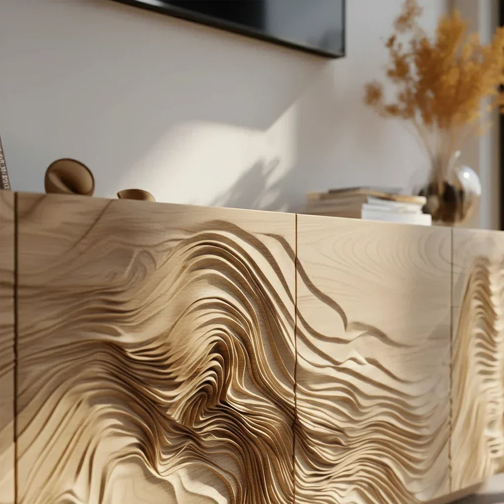 Sculpted Solid Wood TV Stand – Organic Wave Texture Media Console - Elitegemse