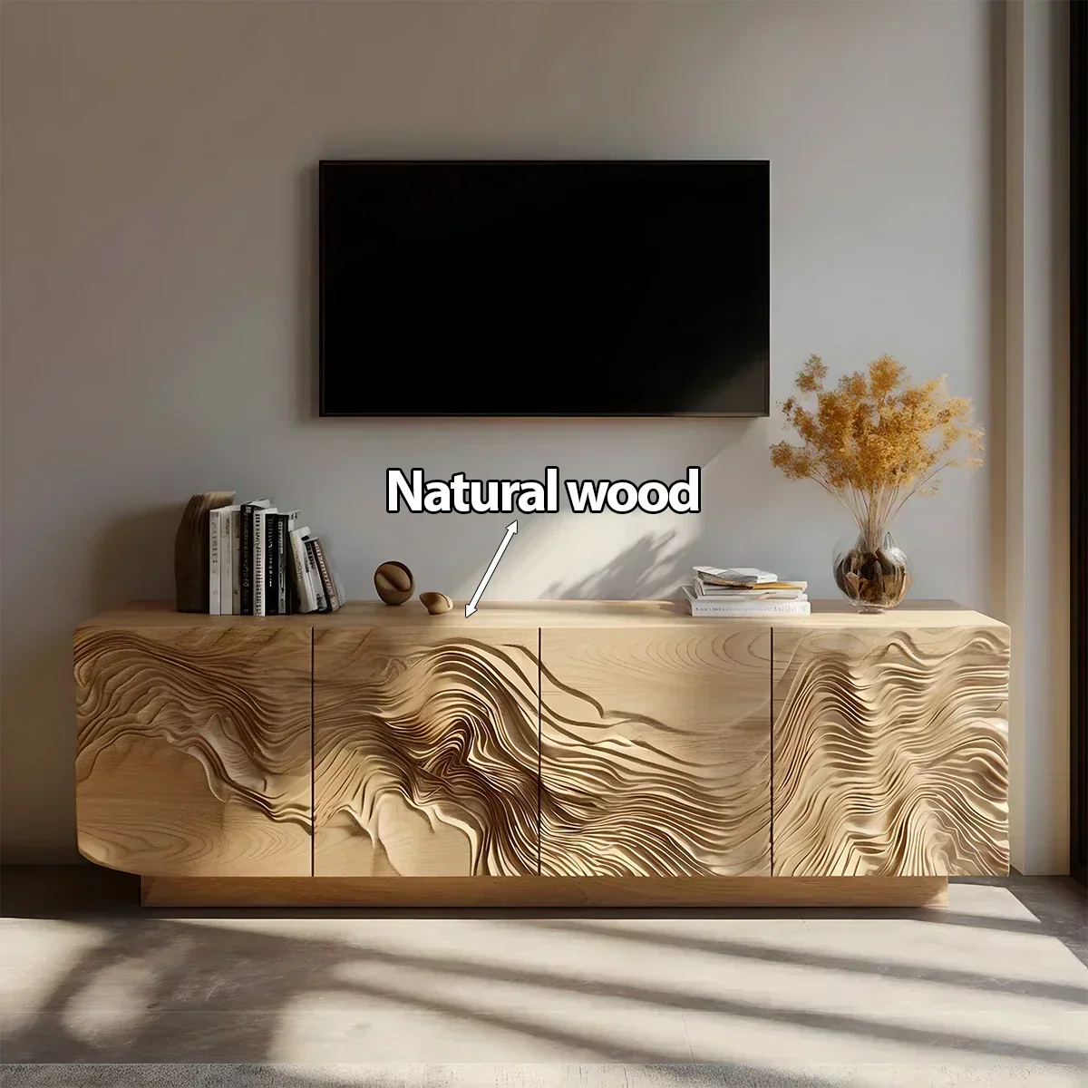 Sculpted Solid Wood TV Stand – Organic Wave Texture Media Console - Elitegemse