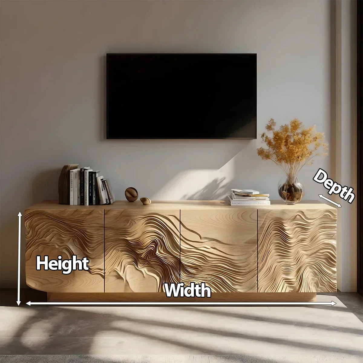 Sculpted Solid Wood TV Stand – Organic Wave Texture Media Console - Elitegemse