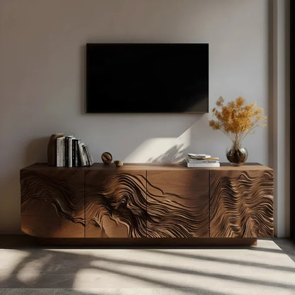 Sculpted Solid Wood TV Stand – Organic Wave Texture Media Console - Elitegemse