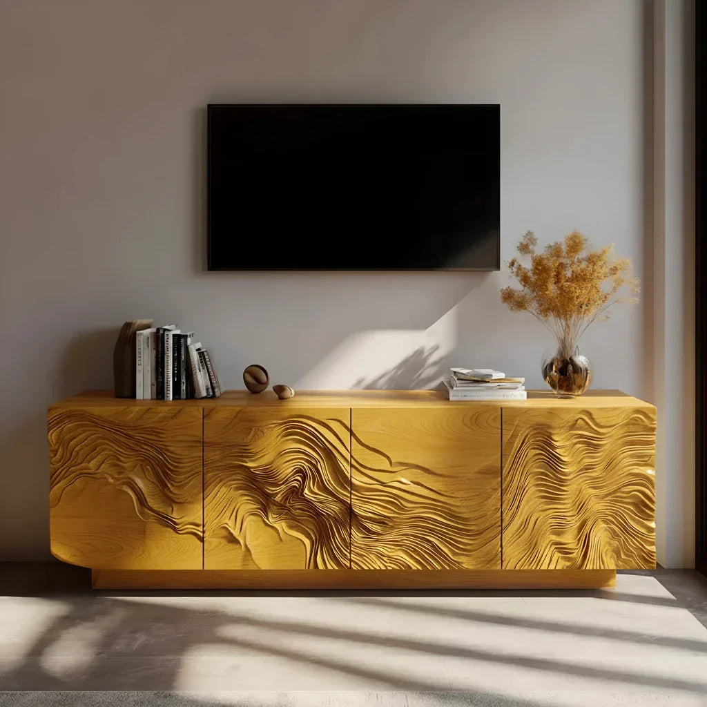 Sculpted Solid Wood TV Stand – Organic Wave Texture Media Console - Elitegemse