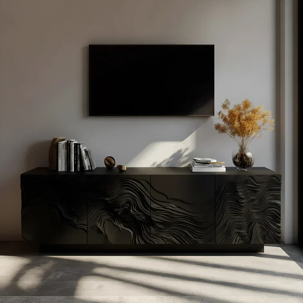 Sculpted Solid Wood TV Stand – Organic Wave Texture Media Console - Elitegemse