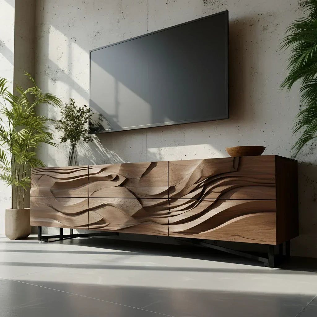 Sculpted Walnut TV Stand – Fluid Organic Modern Media Console - Elitegemse