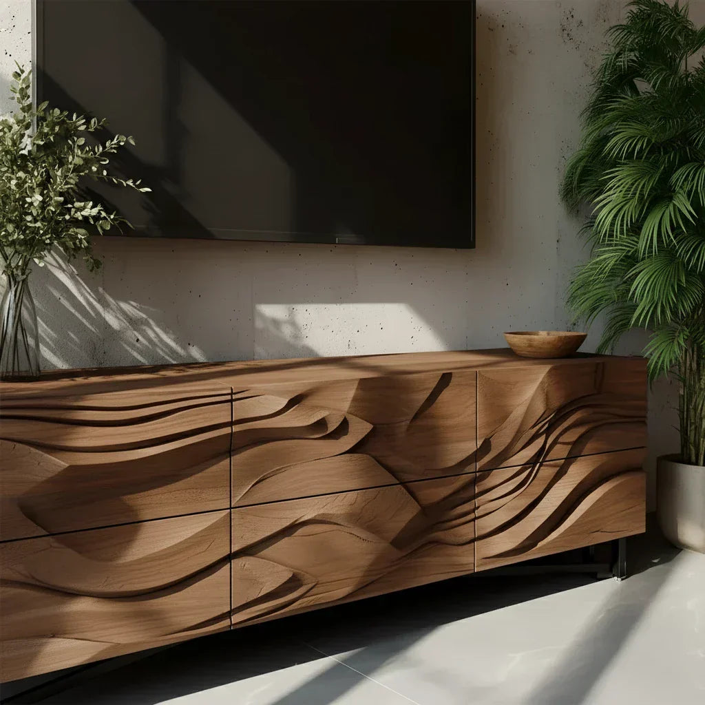 Sculpted Walnut TV Stand – Fluid Organic Modern Media Console - Elitegemse