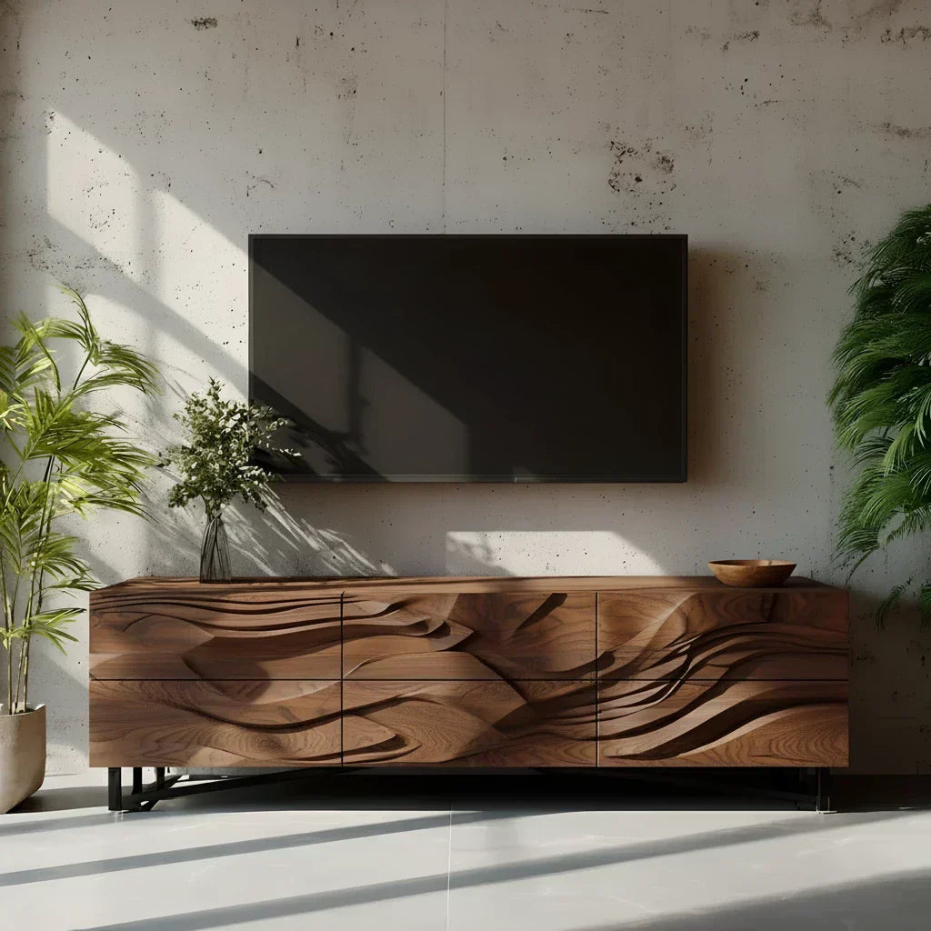 Sculpted Walnut TV Stand – Fluid Organic Modern Media Console - Elitegemse