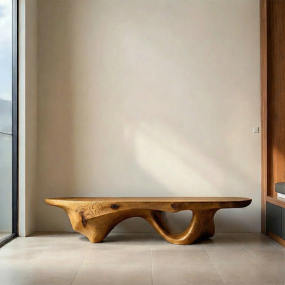 Sculptural Fluid-Form Solid Wood Bench – Modern Organic Art Piece - Rustirawood