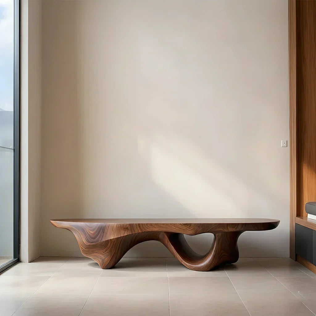 Sculptural Fluid-Form Solid Wood Bench – Modern Organic Art Piece - Rustirawood
