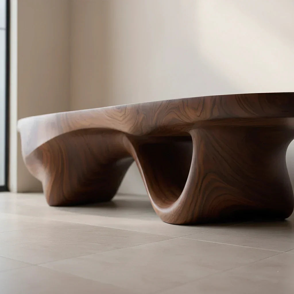 Sculptural Fluid-Form Solid Wood Bench – Modern Organic Art Piece - Rustirawood