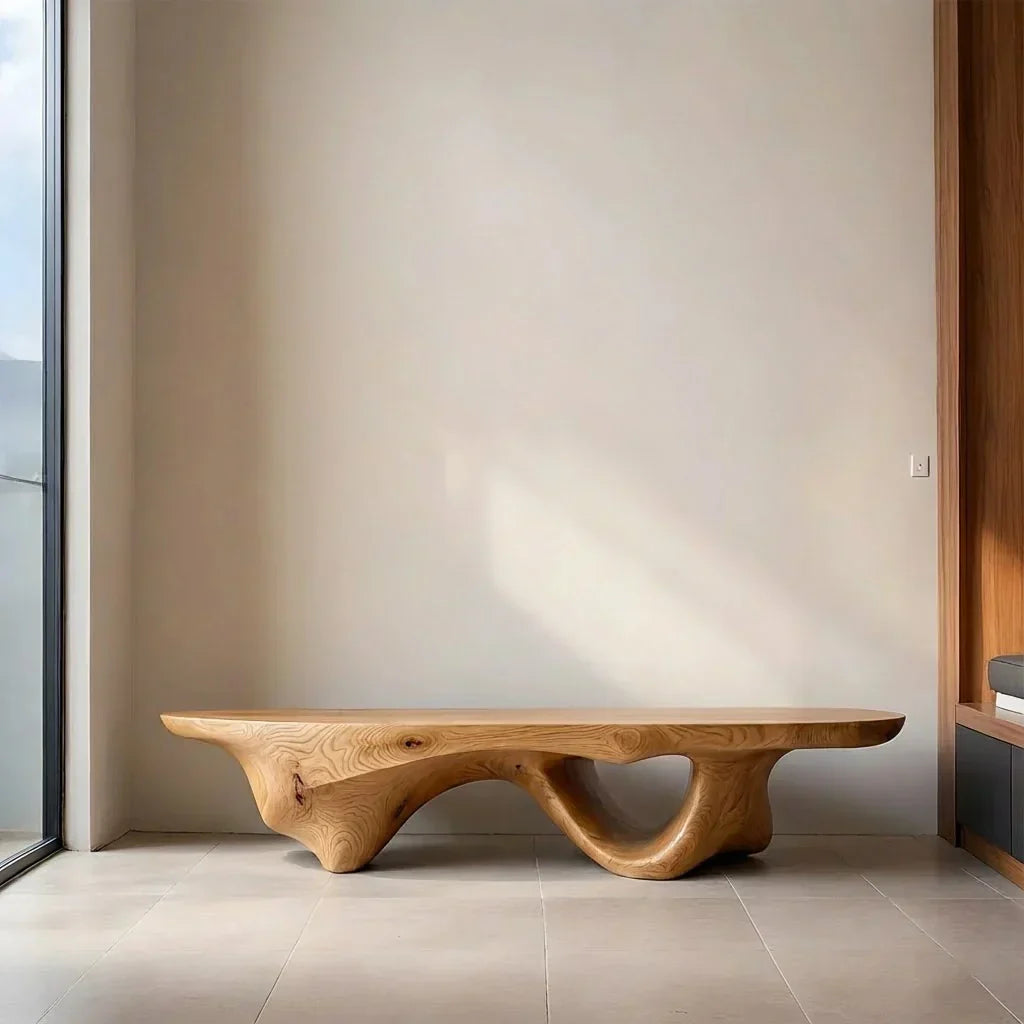 Sculptural Fluid-Form Solid Wood Bench – Modern Organic Art Piece - Rustirawood