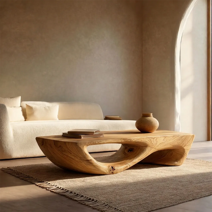 Sculptural Modern Coffee Table with Hollow Curve Base in Natural Solid Wood - Rustirawood