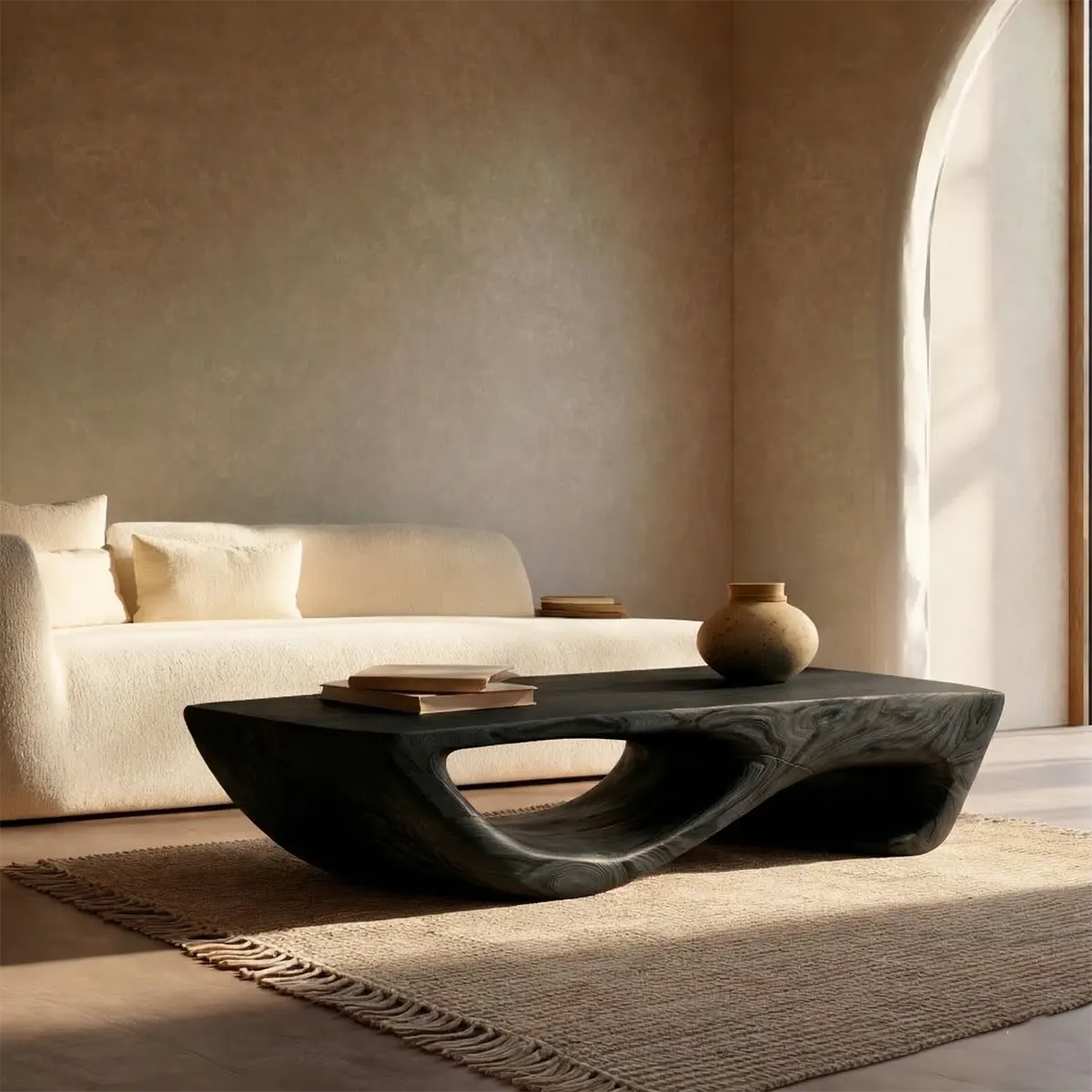 Sculptural Modern Coffee Table with Hollow Curve Base in Natural Solid Wood - Rustirawood