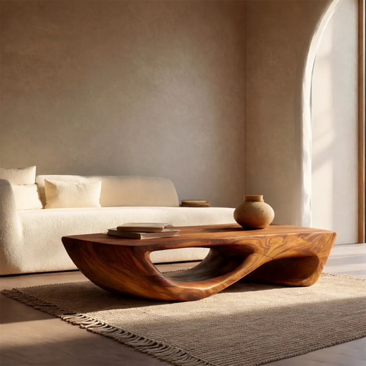 Sculptural Modern Coffee Table with Hollow Curve Base in Natural Solid Wood - Woodenecho