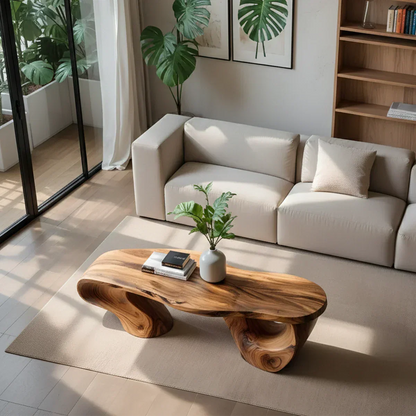Sculptural Natural Solid Wood Coffee Table — Organic Curve Design - Rustirawood