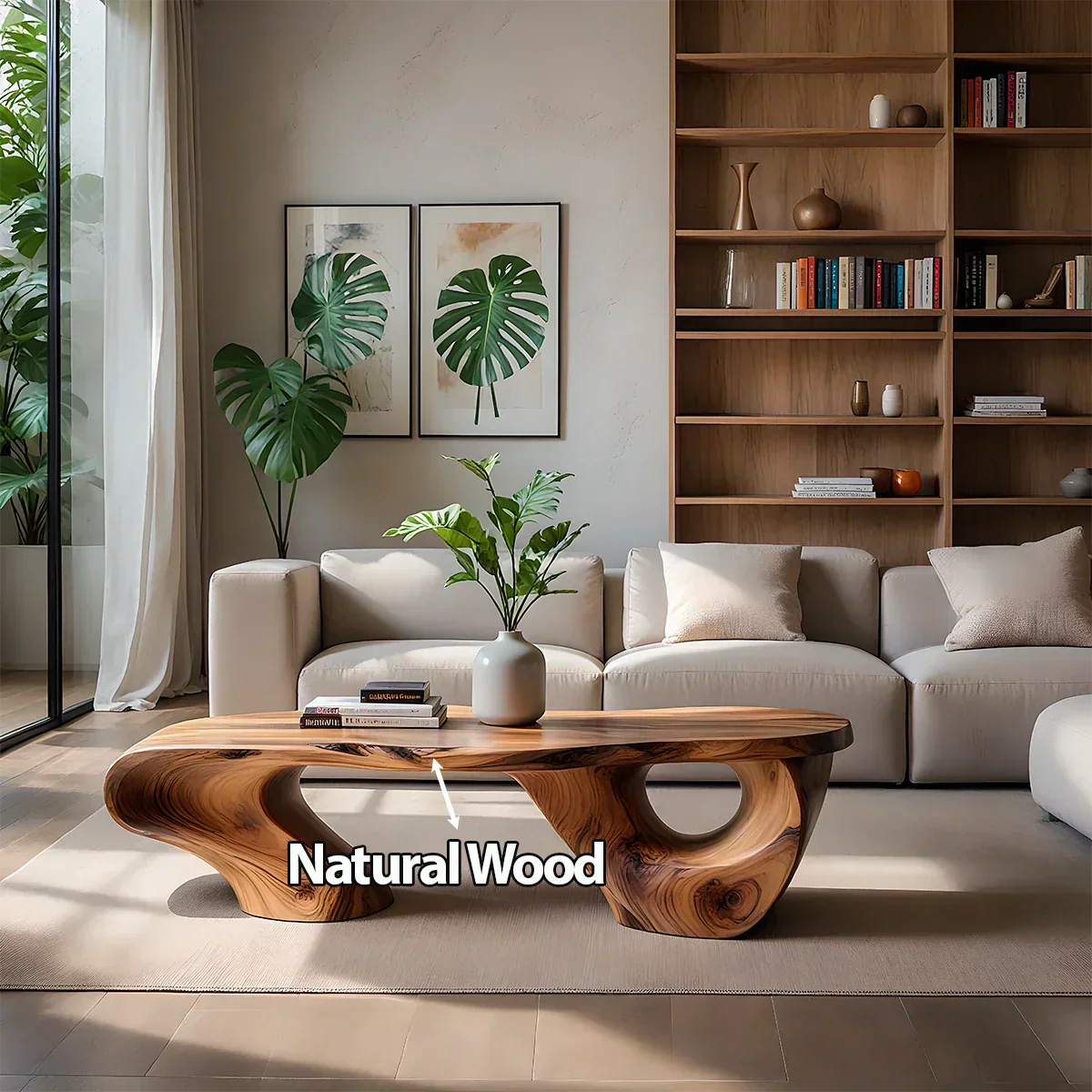 Sculptural Natural Solid Wood Coffee Table — Organic Curve Design - Rustirawood
