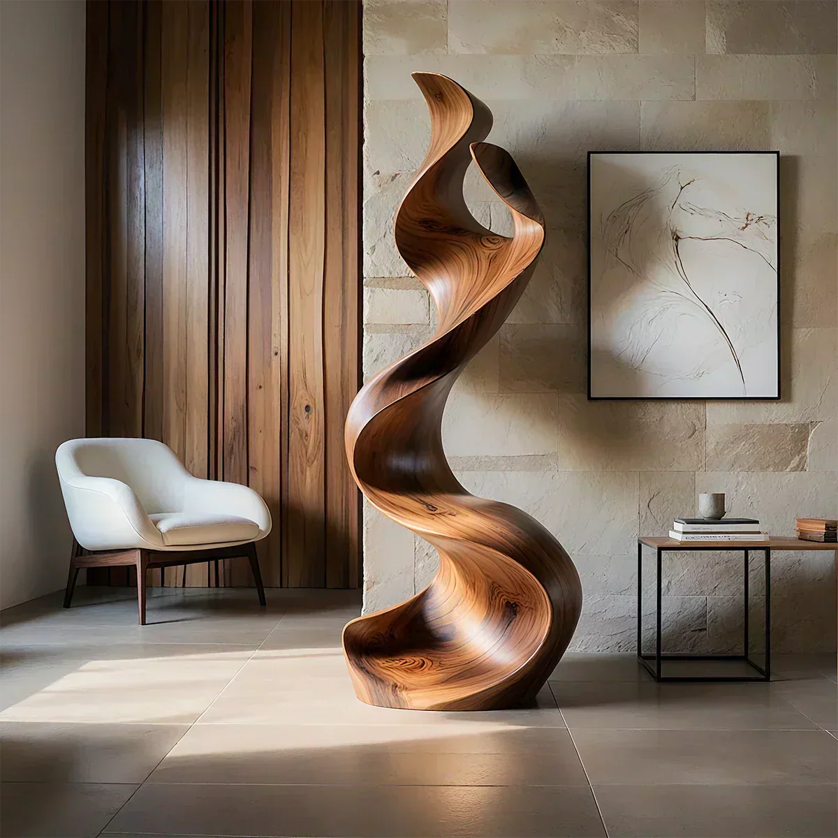 Sculptural Natural Solid Wood Floor Art — Handcarved Organic Twist Form - Woodenecho
