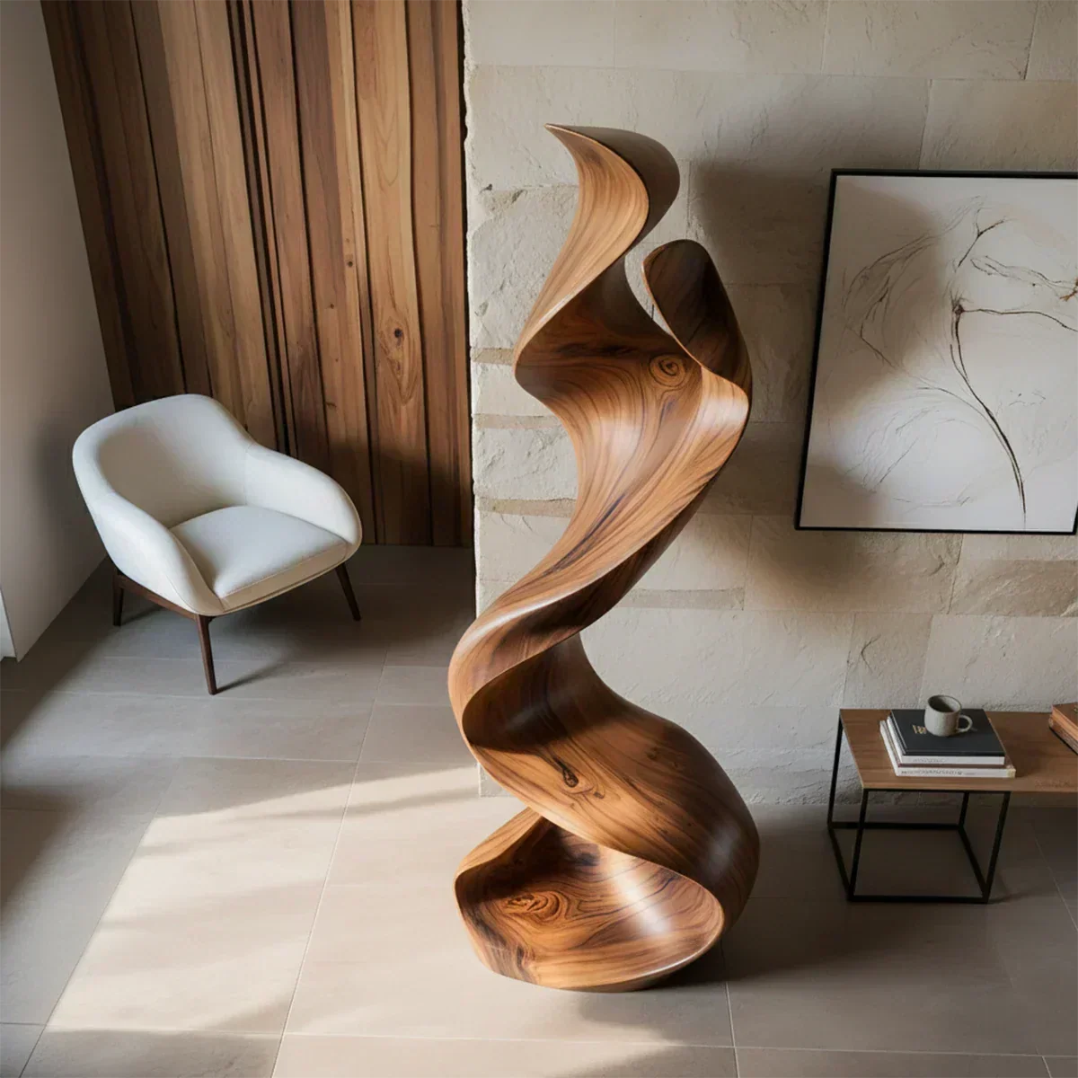 Sculptural Natural Solid Wood Floor Art — Handcarved Organic Twist Form - Woodenecho