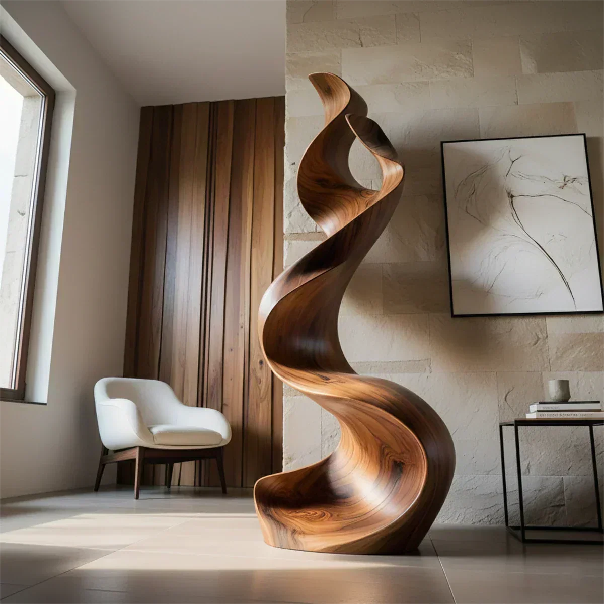 Sculptural Natural Solid Wood Floor Art — Handcarved Organic Twist Form - Woodenecho