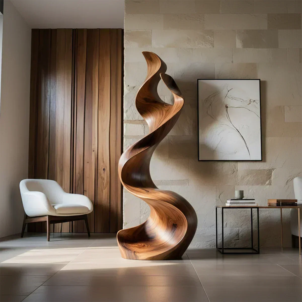 Sculptural Natural Solid Wood Floor Art — Handcarved Organic Twist Form - Woodenecho