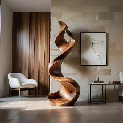 Sculptural Natural Solid Wood Floor Art — Handcarved Organic Twist Form - Woodenecho