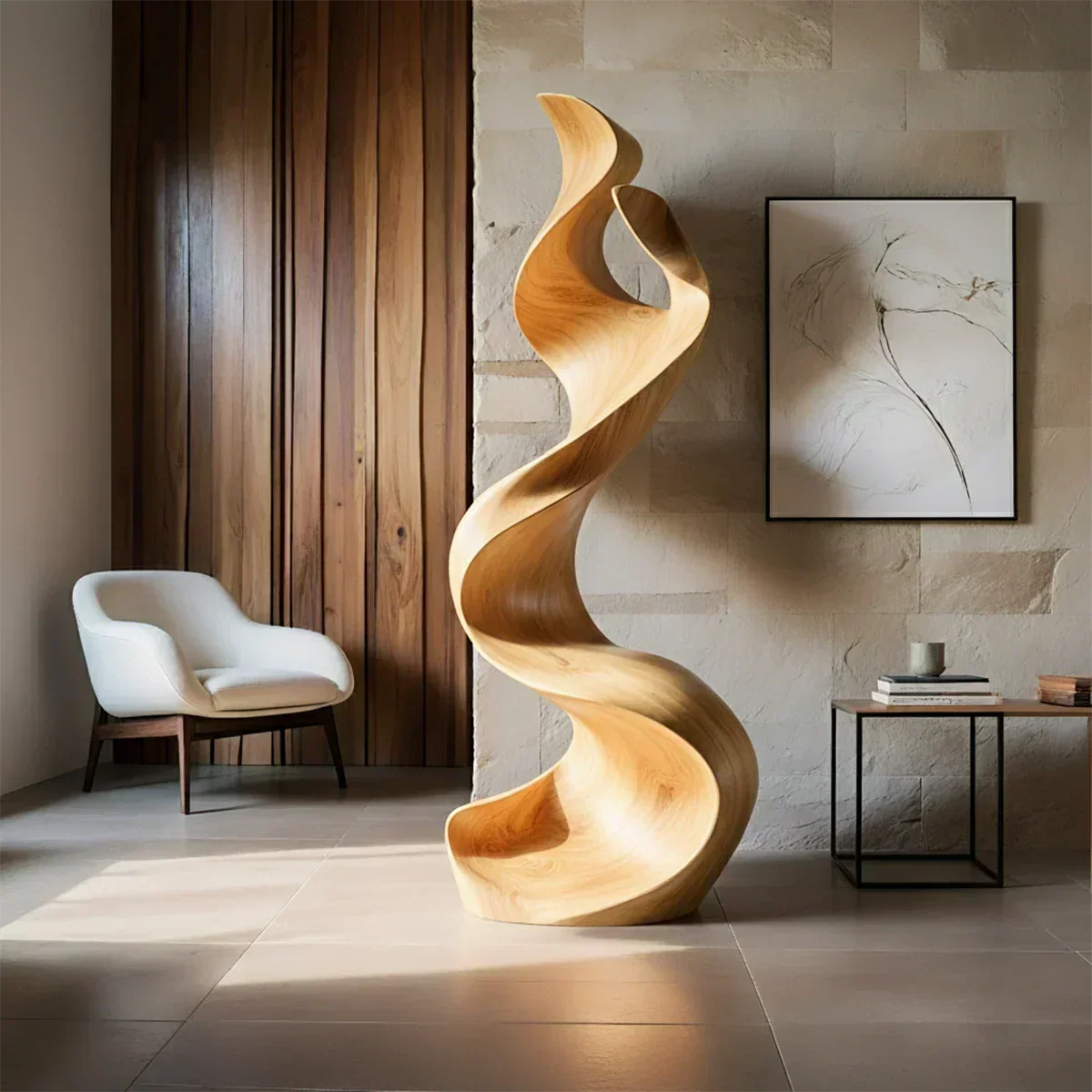 Sculptural Natural Solid Wood Floor Art — Handcarved Organic Twist Form - Woodenecho