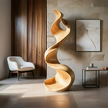 Sculptural Natural Solid Wood Floor Art — Handcarved Organic Twist Form - Woodenecho