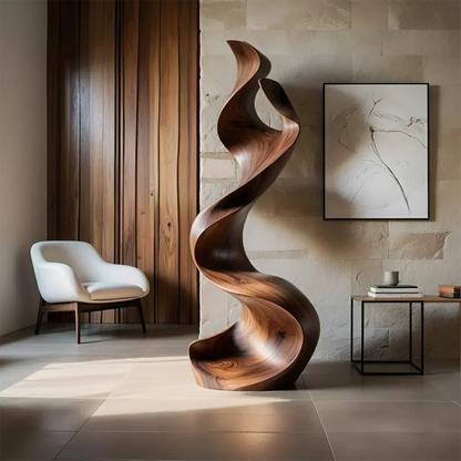 Sculptural Natural Solid Wood Floor Art — Handcarved Organic Twist Form - Woodenecho