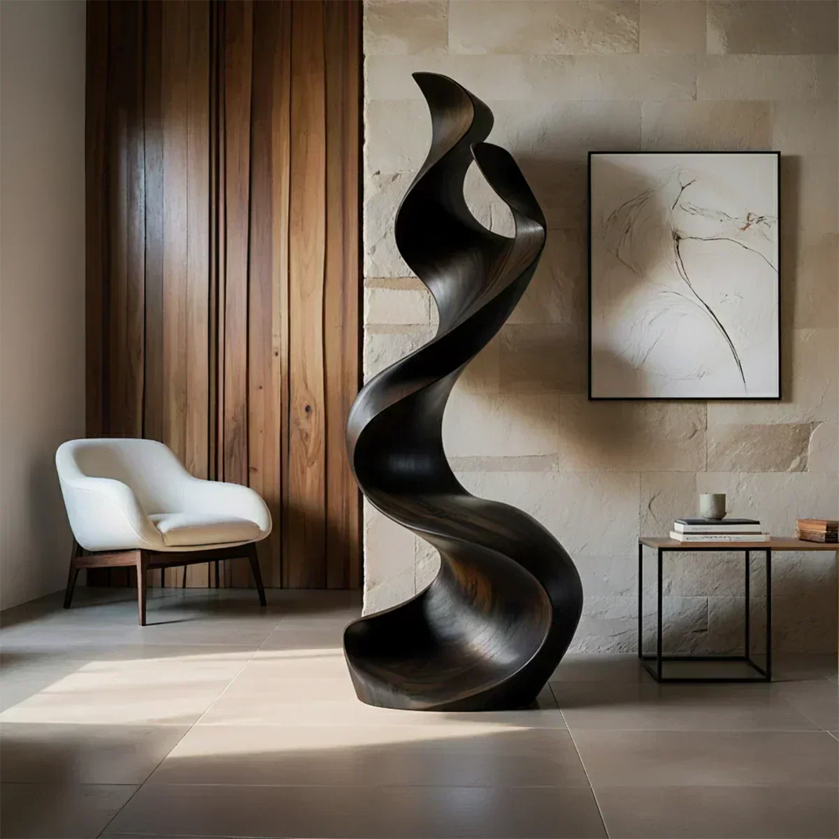 Sculptural Natural Solid Wood Floor Art — Handcarved Organic Twist Form - Woodenecho